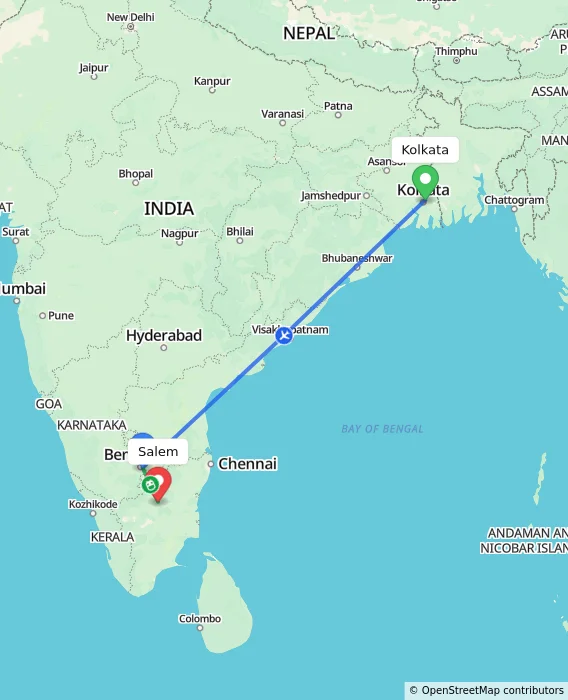 Route map showing distance and travel time from Kolkata, India to Salem, India