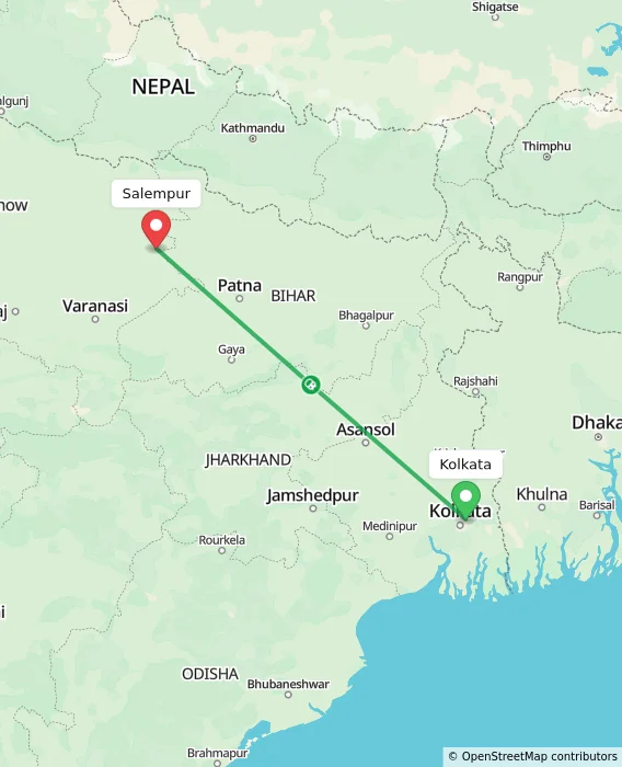 Route map showing distance and travel time from Kolkata, India to Salempur, India