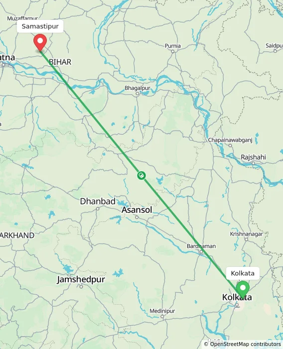 Route map showing distance and travel time from Kolkata, India to Samastipur, India
