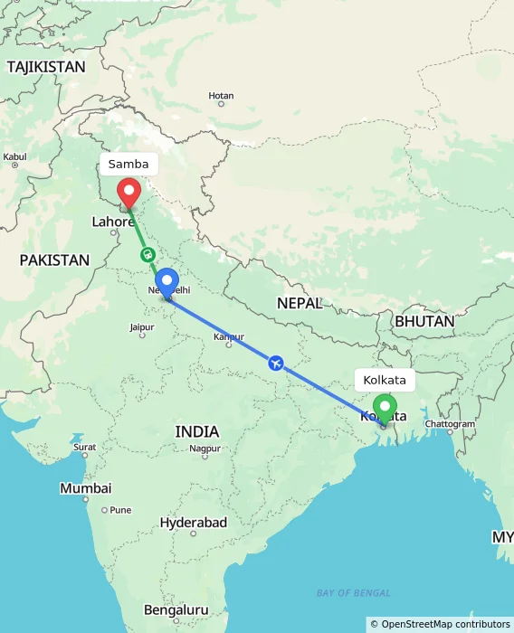 Route map showing distance and travel time from Kolkata, India to Samba, India