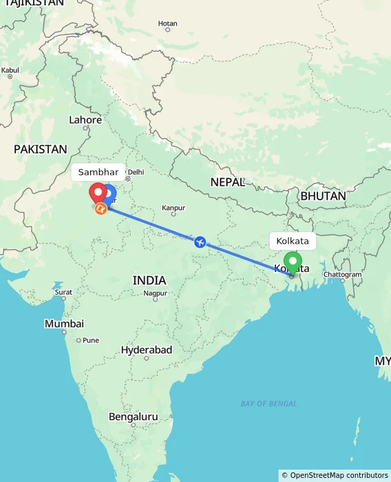 Route map showing distance and travel time from Kolkata, India to Sambhar, India