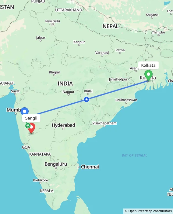 Route map showing distance and travel time from Kolkata, India to Sangli, India