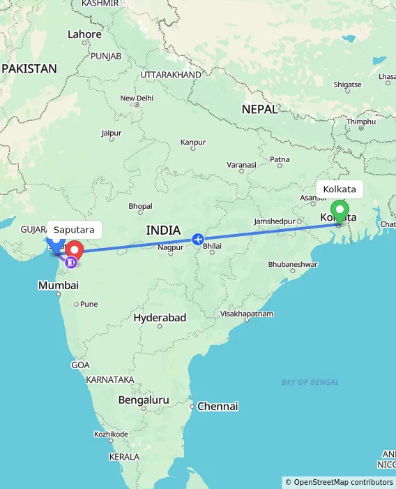 Route map showing distance and travel time from Kolkata, India to Saputara, India