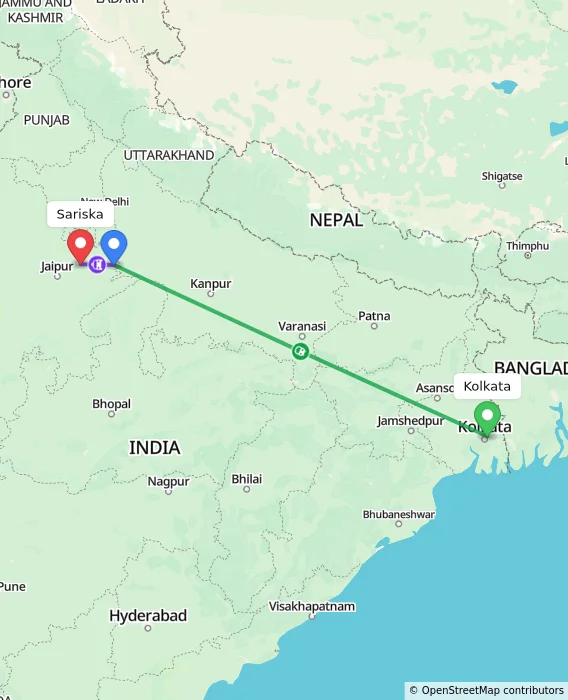 Route map showing distance and travel time from Kolkata, India to Sariska, India