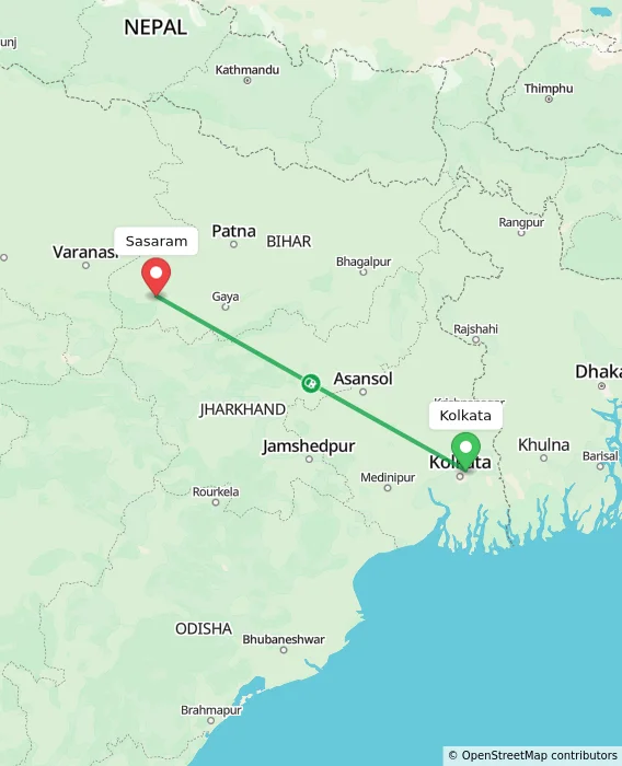 Route map showing distance and travel time from Kolkata, India to Sasaram, India