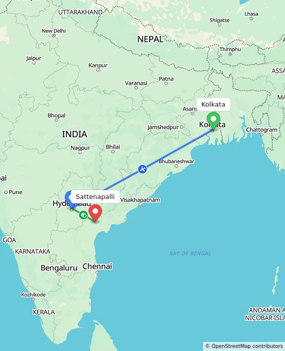 Route map showing distance and travel time from Kolkata, India to Sattenapalli, India