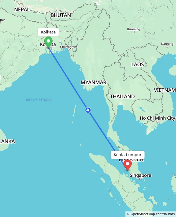 Route map showing distance and travel time from Kolkata, India to Sepang, Malaysia