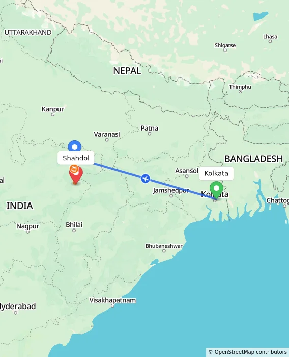 Route map showing distance and travel time from Kolkata, India to Shahdol, India