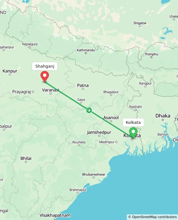 Route map showing distance and travel time from Kolkata, India to Shahganj, India