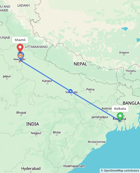 Route map showing distance and travel time from Kolkata, India to Shamli, India