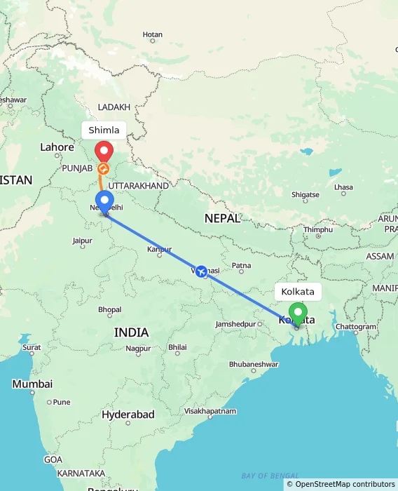 Route map showing distance and travel time from Kolkata, India to Shimla, India