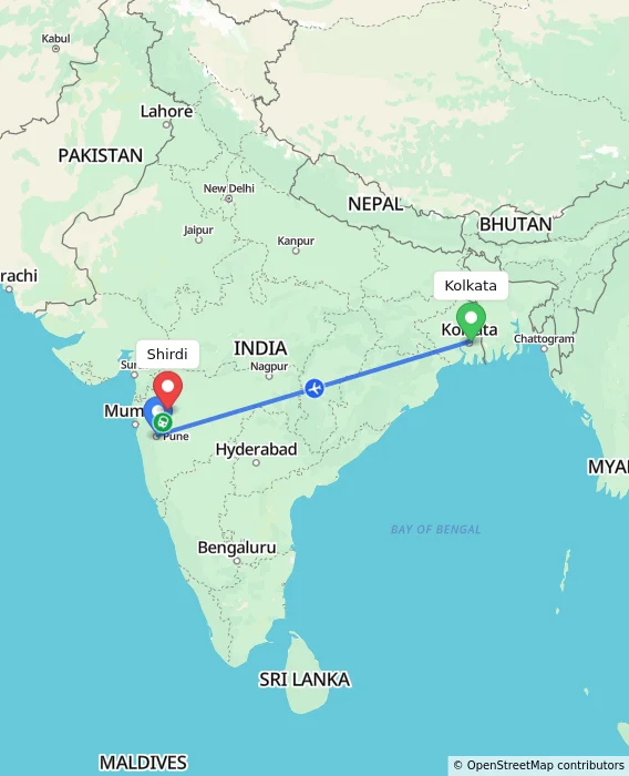 Route map showing distance and travel time from Kolkata, India to Shirdi, India