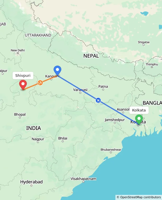 Route map showing distance and travel time from Kolkata, India to Shivpuri, India