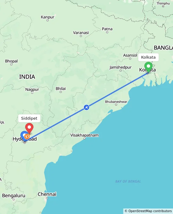 Route map showing distance and travel time from Kolkata, India to Siddipet, India