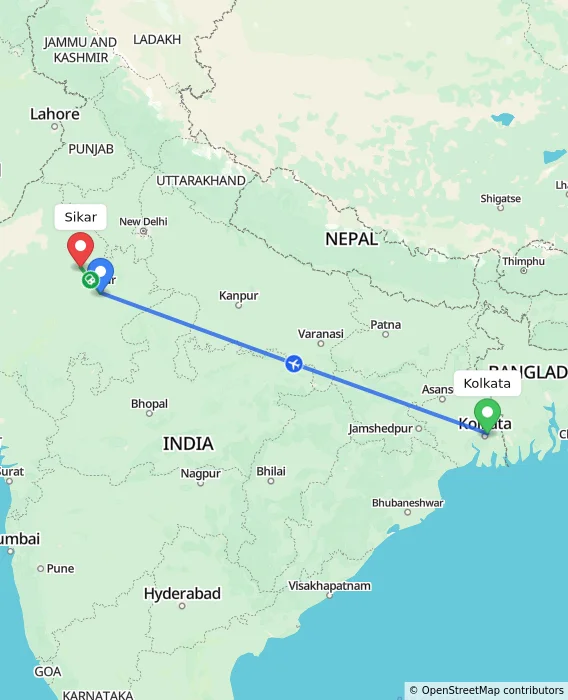Route map showing distance and travel time from Kolkata, India to Sikar, India