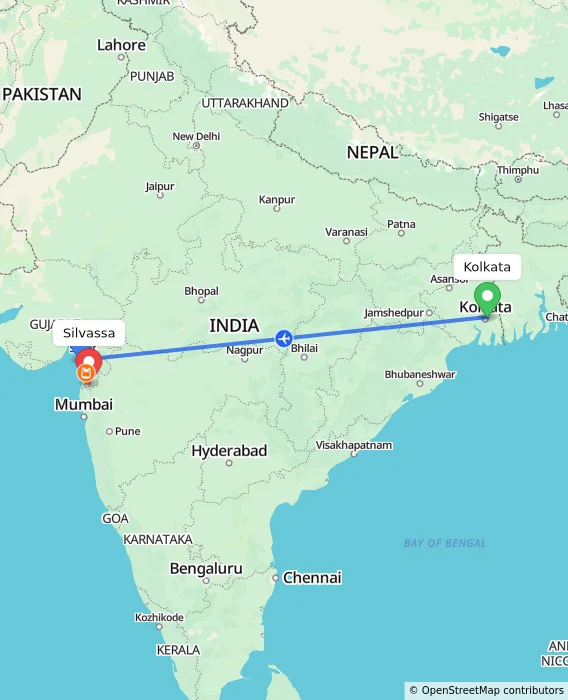 Route map showing distance and travel time from Kolkata, India to Silvassa, India