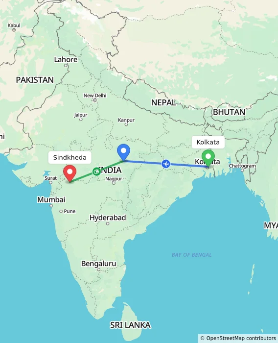 Route map showing distance and travel time from Kolkata, India to Sindkheda, India