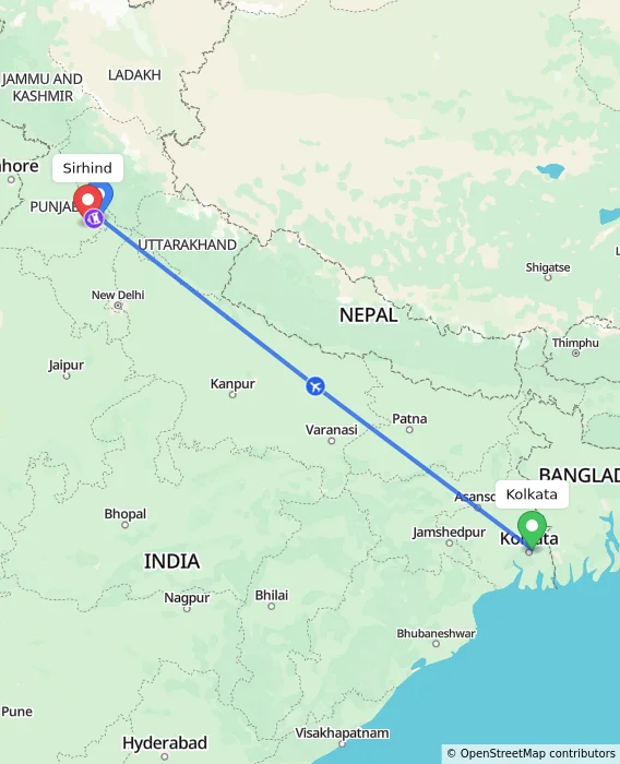 Route map showing distance and travel time from Kolkata, India to Sirhind, India