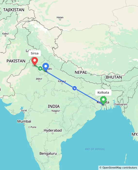 Route map showing distance and travel time from Kolkata, India to Sirsa, India