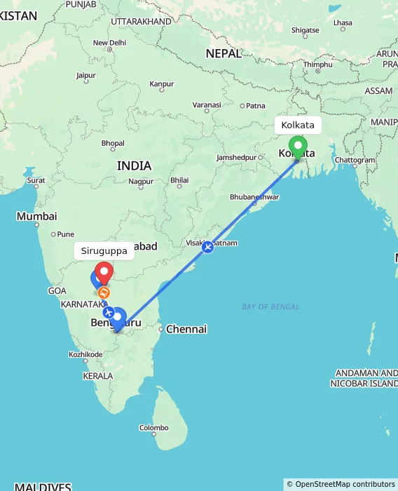 Route map showing distance and travel time from Kolkata, India to Siruguppa, India