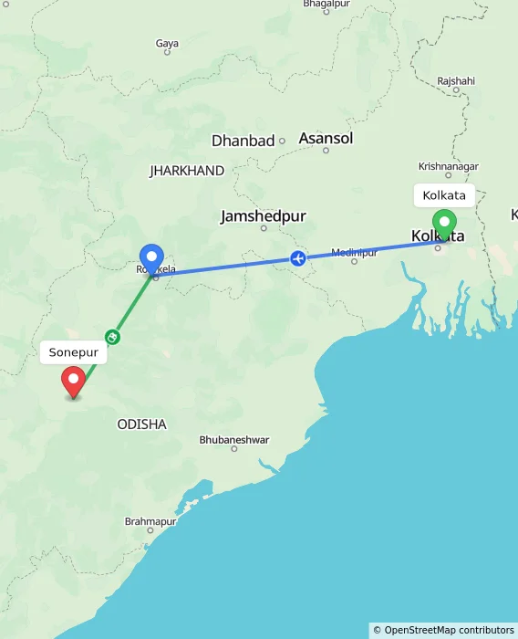 Route map showing distance and travel time from Kolkata, India to Sonepur, India