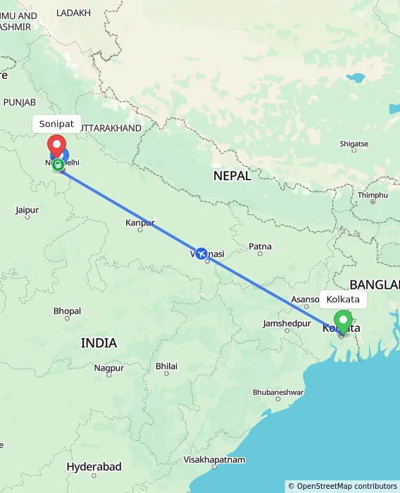 Route map showing distance and travel time from Kolkata, India to Sonipat, India