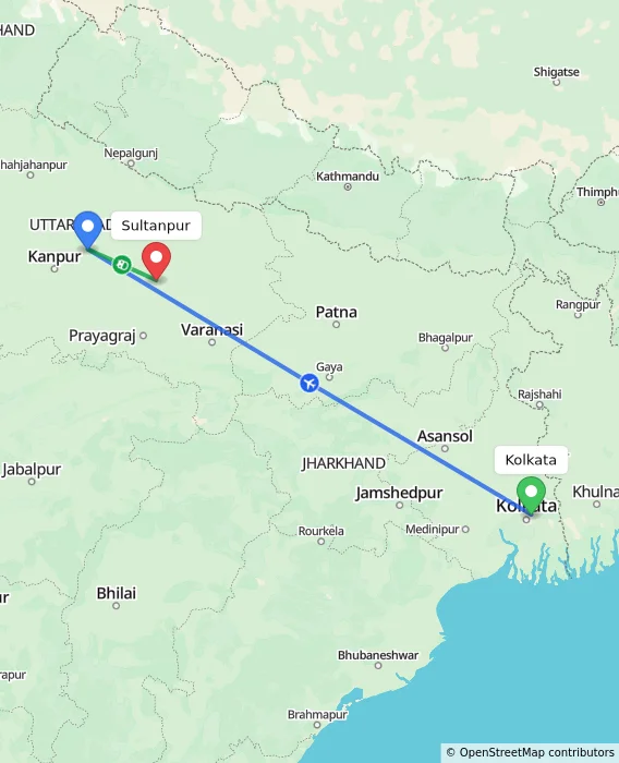 Route map showing distance and travel time from Kolkata, India to Sultanpur, India
