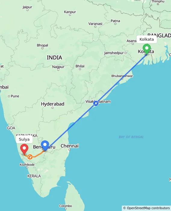 Route map showing distance and travel time from Kolkata, India to Sulya, India