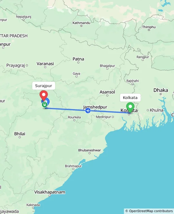 Route map showing distance and travel time from Kolkata, India to Surajpur, India