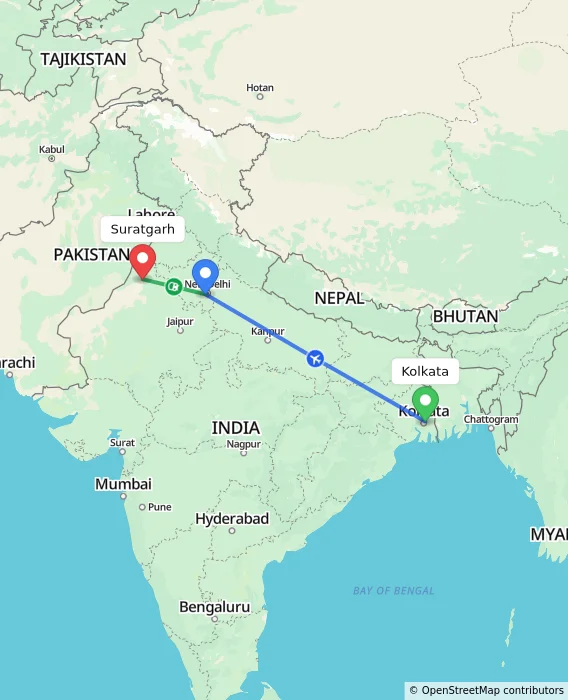 Route map showing distance and travel time from Kolkata, India to Suratgarh, India