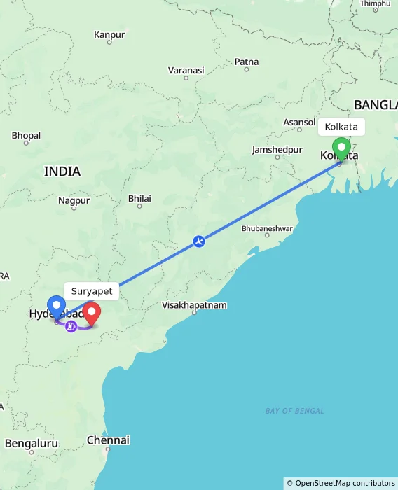 Route map showing distance and travel time from Kolkata, India to Suryapet, India