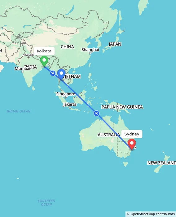 Route map showing distance and travel time from Kolkata, India to Sydney, Australia