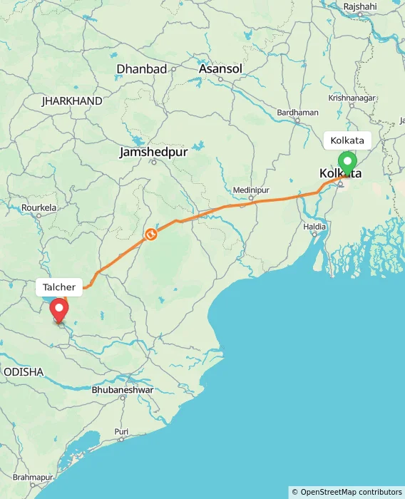 Route map showing distance and travel time from Kolkata, India to Talcher, India