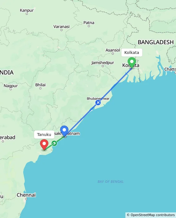 Route map showing distance and travel time from Kolkata, India to Tanuku, India