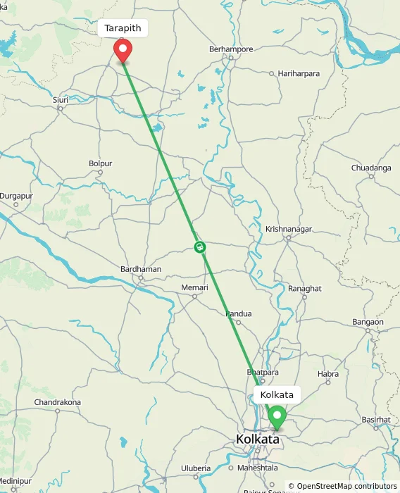 Route map showing distance and travel time from Kolkata, India to Tarapith, India
