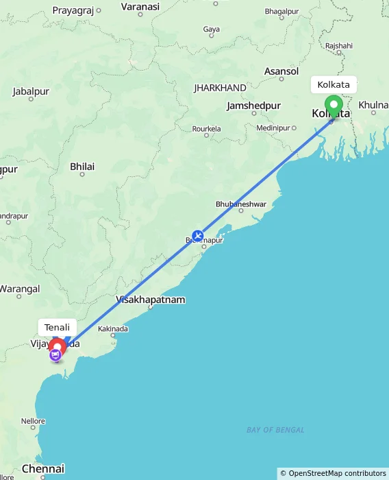 Route map showing distance and travel time from Kolkata, India to Tenali, India