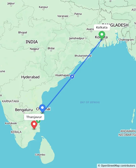 Route map showing distance and travel time from Kolkata, India to Thanjavur, India