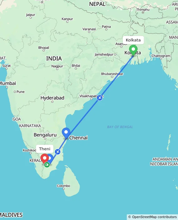 Route map showing distance and travel time from Kolkata, India to Theni, India