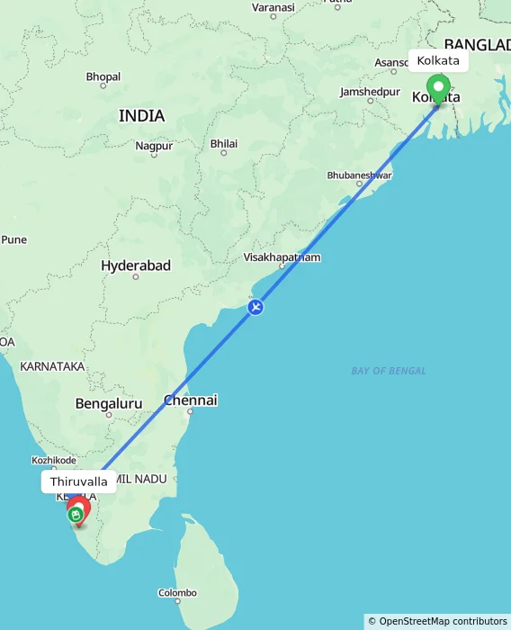 Route map showing distance and travel time from Kolkata, India to Thiruvalla, India