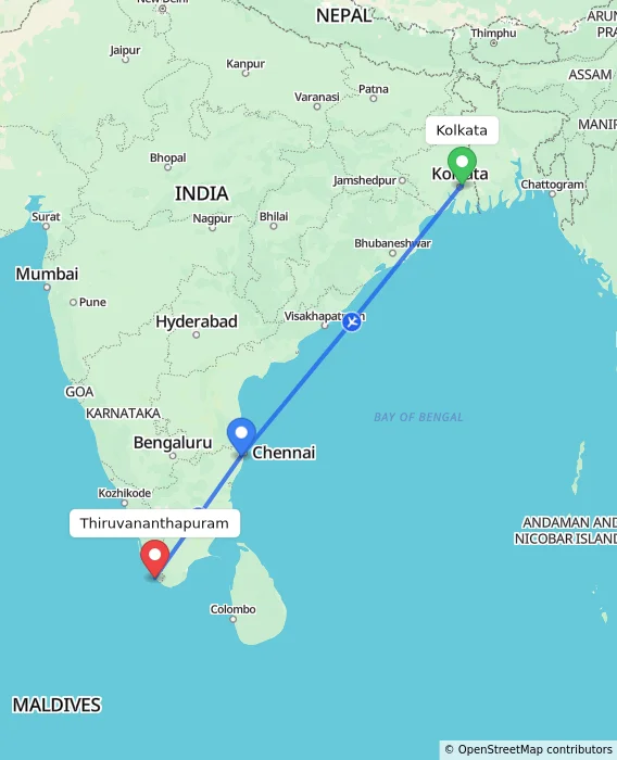 Route map showing distance and travel time from Kolkata, India to Thiruvananthapuram, India