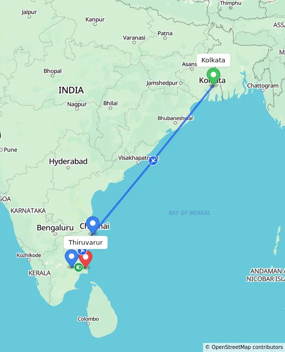 Route map showing distance and travel time from Kolkata, India to Thiruvarur, India