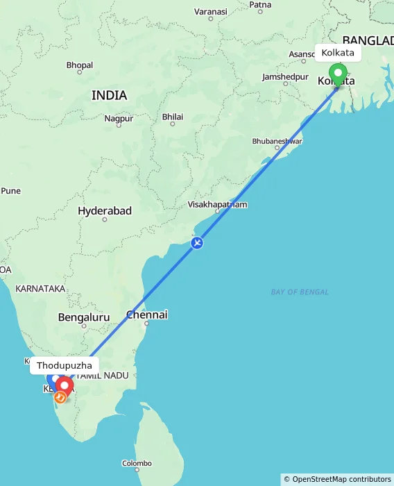 Route map showing distance and travel time from Kolkata, India to Thodupuzha, India