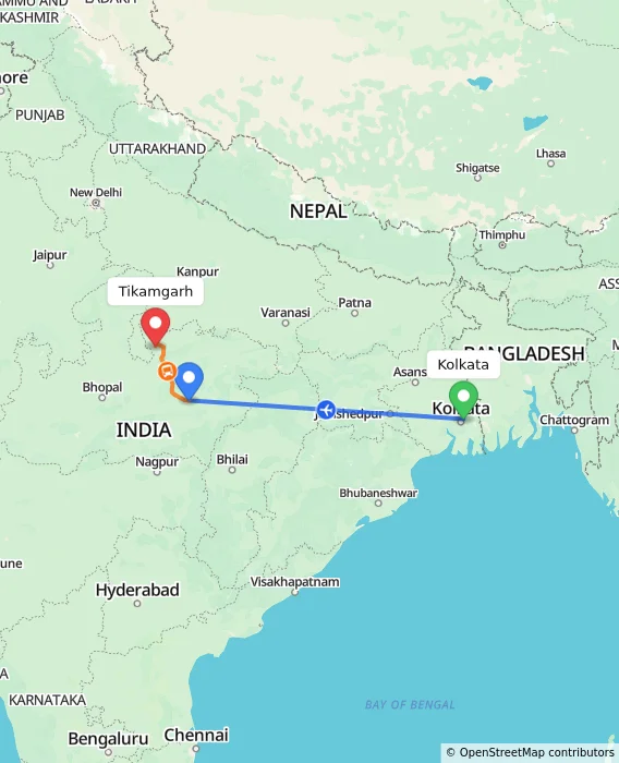 Route map showing distance and travel time from Kolkata, India to Tikamgarh, India