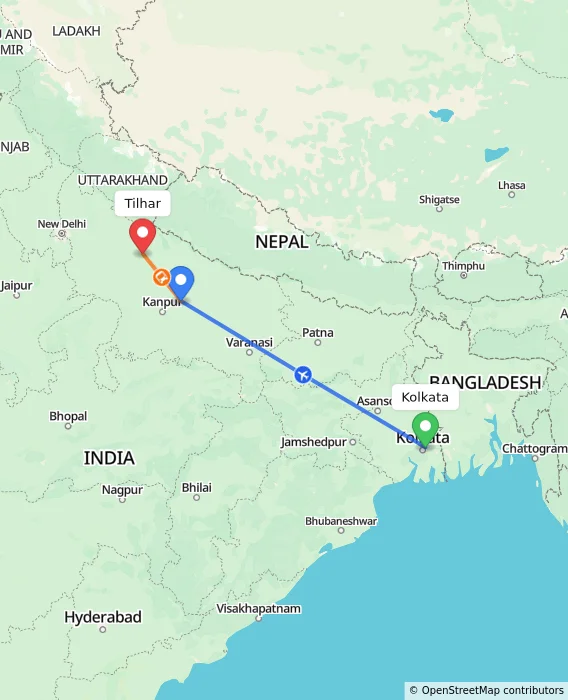 Route map showing distance and travel time from Kolkata, India to Tilhar, India