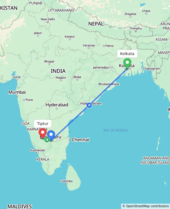 Route map showing distance and travel time from Kolkata, India to Tiptur, India