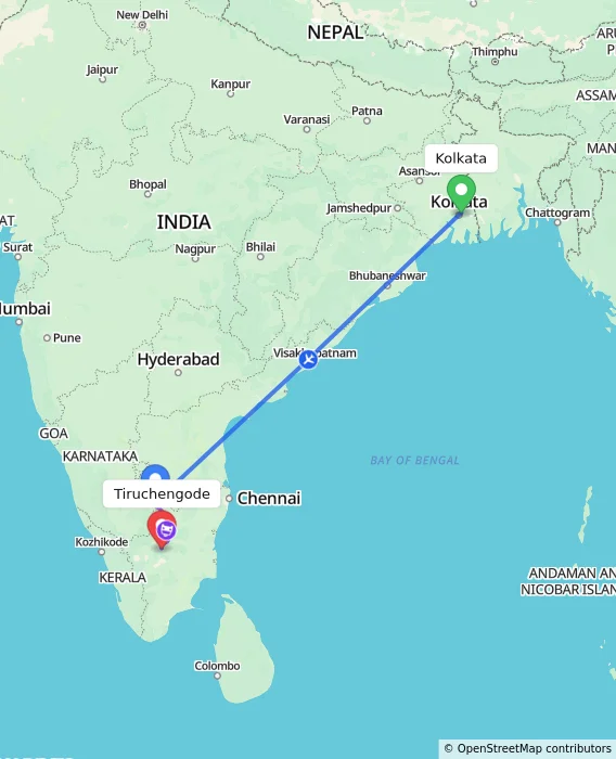 Route map showing distance and travel time from Kolkata, India to Tiruchengode, India