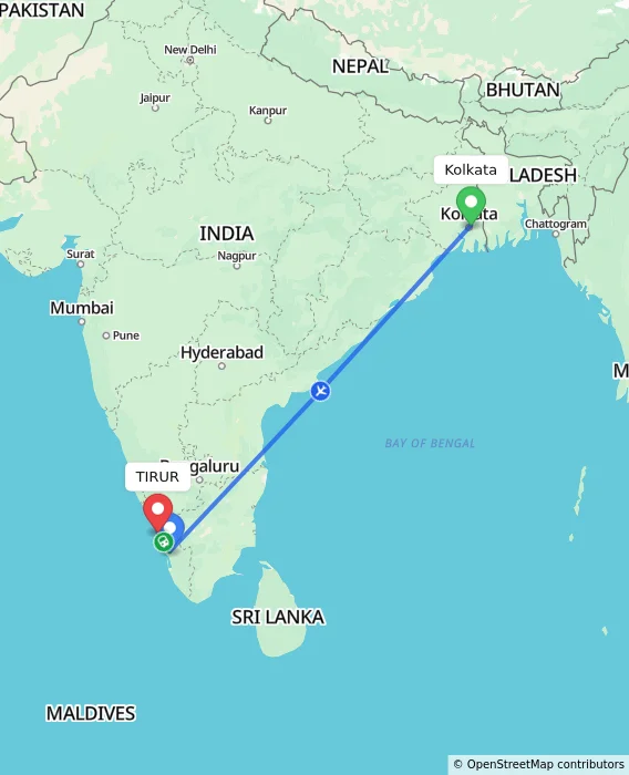Route map showing distance and travel time from Kolkata, India to TIRUR, India