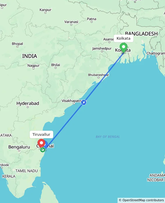 Route map showing distance and travel time from Kolkata, India to Tiruvallur, India