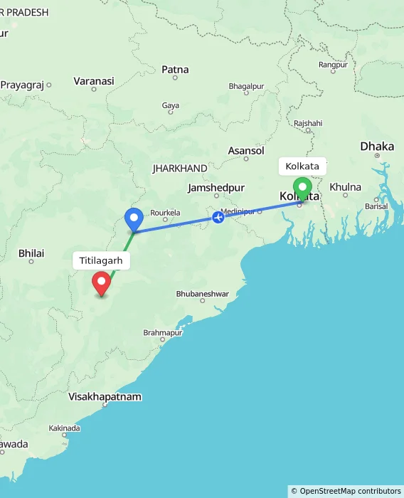 Route map showing distance and travel time from Kolkata, India to Titilagarh, India