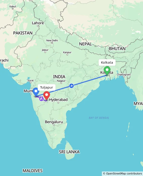 Route map showing distance and travel time from Kolkata, India to Tuljapur, India